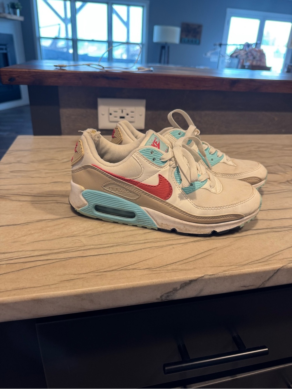 Nike Kids Sneakers in Cream with Red Swoosh and Aqua Accents